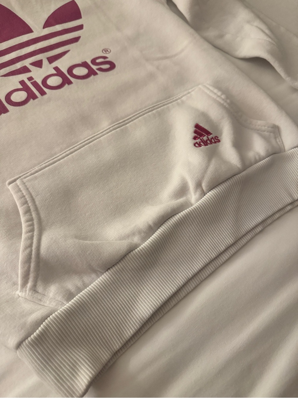 White Hoodie with Pink Trefoil Logo